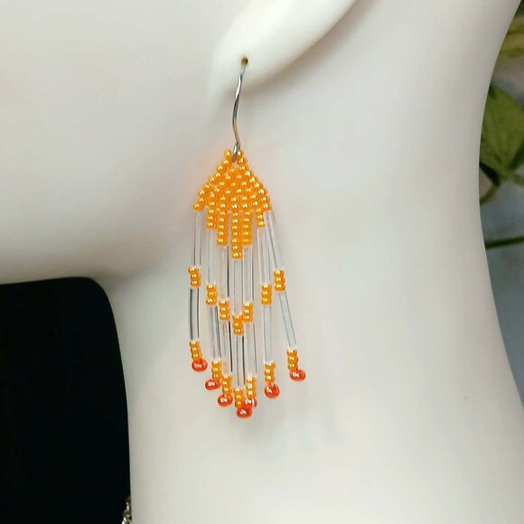 Orange Beaded Fringe Dangle Earrings, 2.75" - Picture 1 of 4